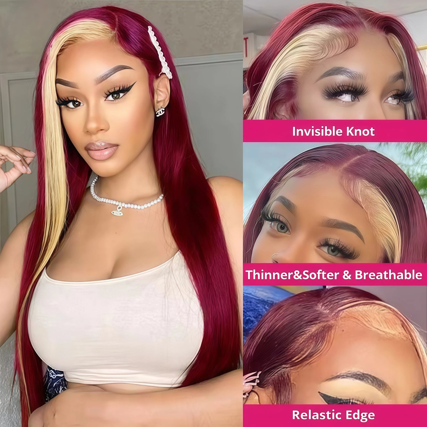 Ombre Highlight Blonde With Red Colored 13x4 Lace Front Wigs Human Hair Brazilian 30 Inch Bone Straight Human Hair Wig For Women
