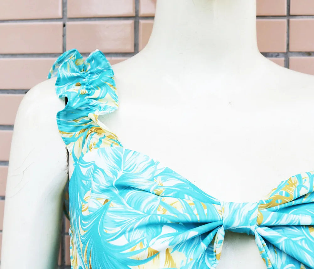Ruffles Shoulder Two-piece Low Cut Top Leaf Print Skirt for Vacation
