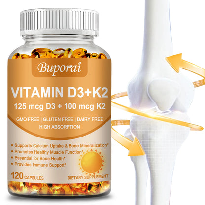 Vitamin D3 + K2 - Promote Calcium Absorption for Strong Bone, Joint, Skin, Immune, Vision and Heart Health - 120 Capsules