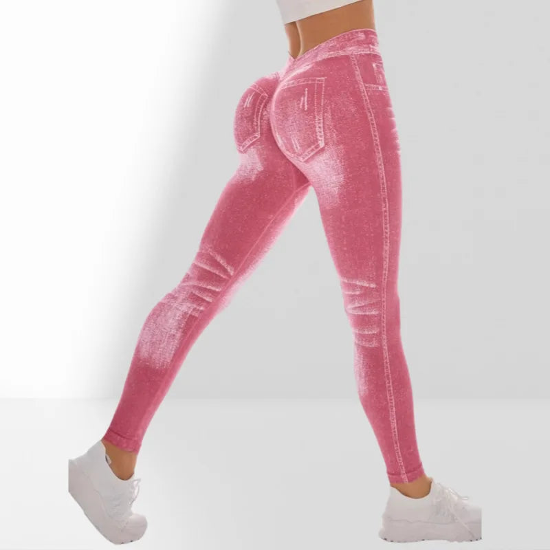 Women V Back Gym Leggings Faux Denim Jeans  Athletic Workout Leggins Elastic Seamless Training Yoga Pants Sports Fitness Tights