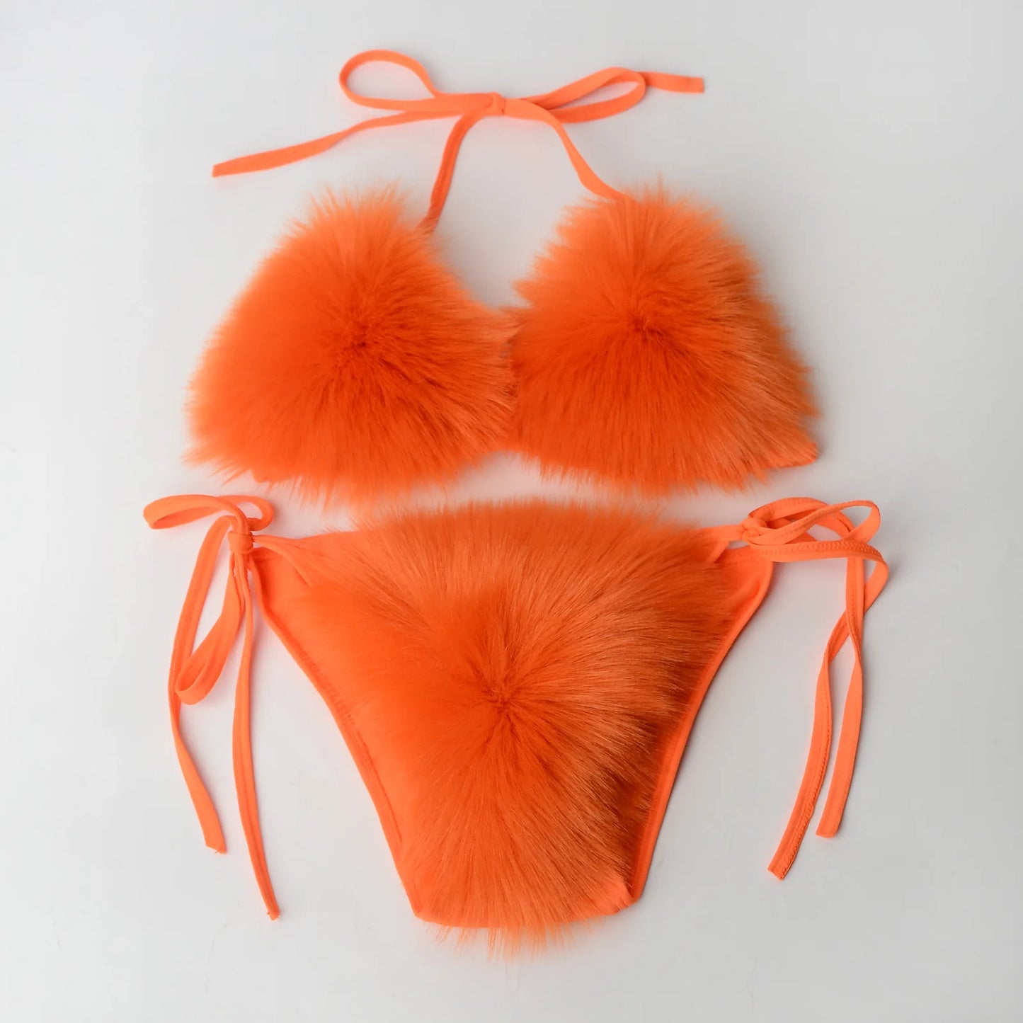 Summer Women Fake Fox Fur Sexy Halter Solid Color Bikini Set Swimsuits Triangle Sexy Bikini Set Faux Fur Swimsuit Plush Swimwear
