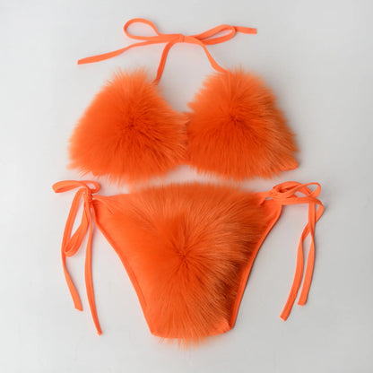 Summer Women Fake Fox Fur Sexy Halter Solid Color Bikini Set Swimsuits Triangle Sexy Bikini Set Faux Fur Swimsuit Plush Swimwear