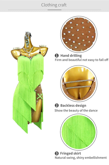 2025 New Latin Dance Dress Adult Womens Sexy Short Skirt Tassel Clothes Ballroom Practice Wear Line Suit Prom Costume Customized