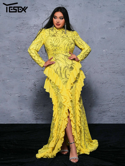 Yesexy Plus Size Elegant Beautiful Women Round Neck Long Sleeved Split Evening Gown Wedding Birthday Party Formal Occasion Dress