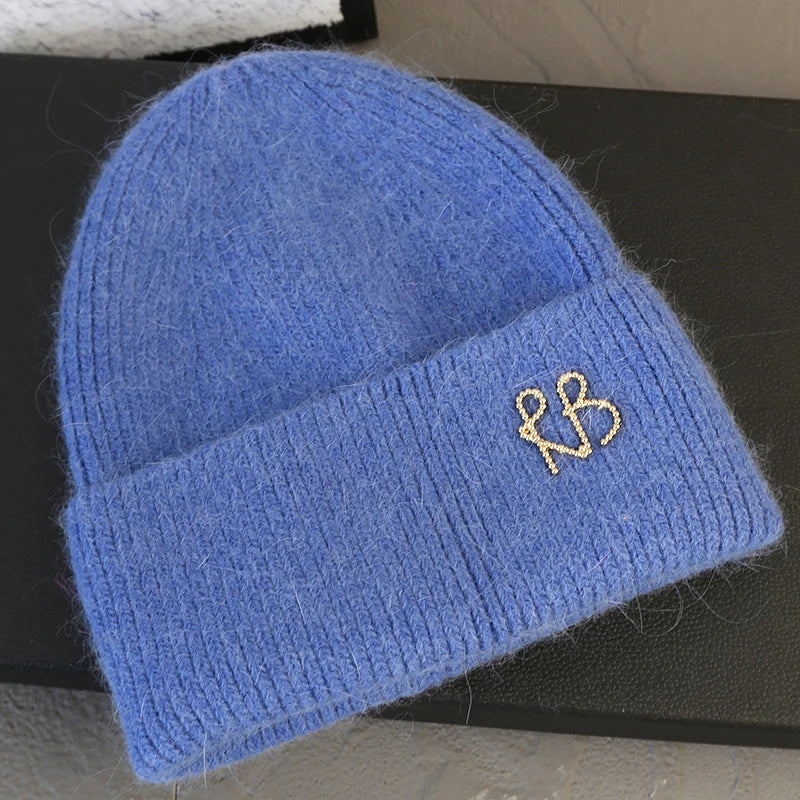 Letter Fluffy Angora Fur Beanies Winter Hat for Woman Luxury Fluffy Knited Hat Bonnet Lady Autumn Winter Warm Skullies Cap