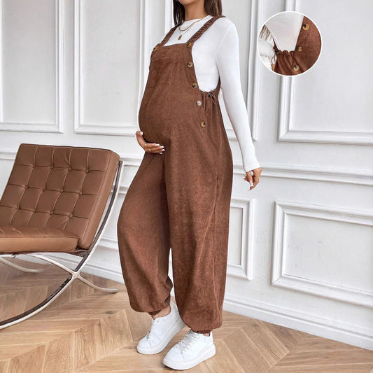 Maternity Clothes for Pregnant Women Pregnancy Clothing 2025 Autumn Winter Adjustable Waist Fashionable Loose Corduroy Overalls