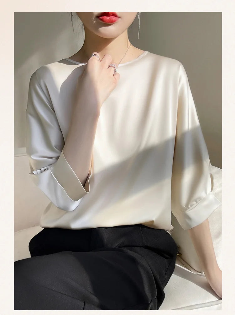 New In Summer Satin Silk Half-Sleeve Tee Tops Basic Solid Women‘s T-Shirt Casual O-neck Thin Shirts Ladies Loose Blouses
