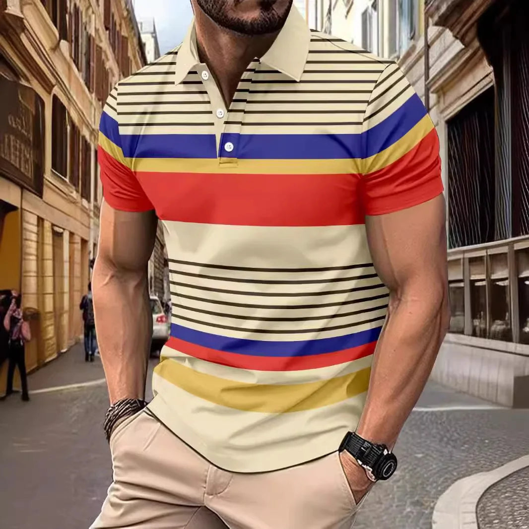 2025European and American ins cross-border 2024 summer new men's striped lapel short sleeved polo shirt casual contrasting polo