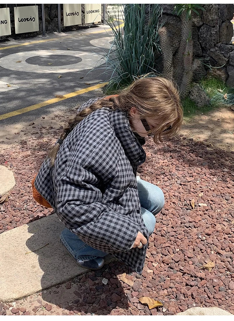 MEXZT Short Plaid Parkas Women Streetwear Stand Collar Puffer Jacket Winter Korean Down Coats Fashion Cotton Padded Outerwears