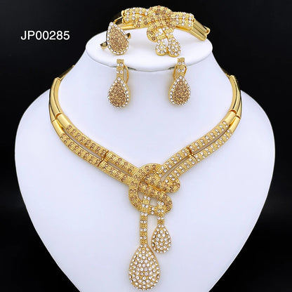 Dubai Gold Color Women Jewelry Sets Classic Design Necklace Earrings Charm Bracelet Ring  Banquet Party Jewelry 18K Gold Plated