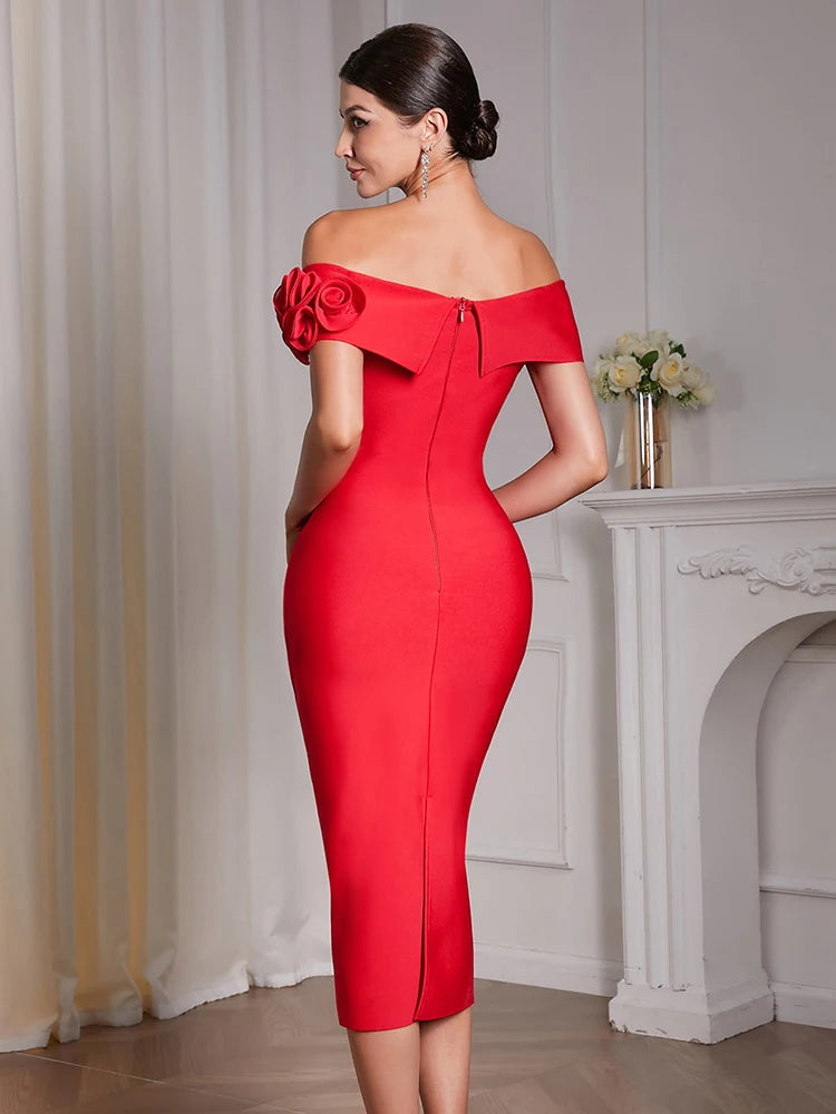 2026 Sexy Off The Shoulder Flower Patchwork Bandage Dress Women Red Florals Bodycon Midi Dresses Evening Party Gowns