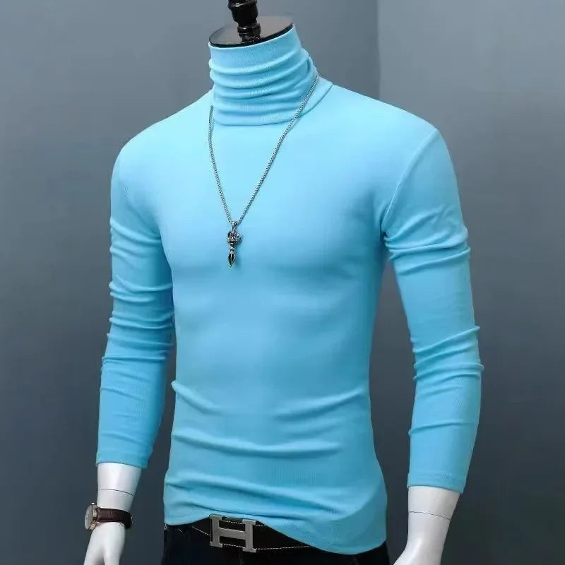 Slim Fit High Collar Long Sleeve Men's Base Shirt Inner Wear Simple Pure Color Large Size Warm Autumn Winter T-shirt Trendy Bran