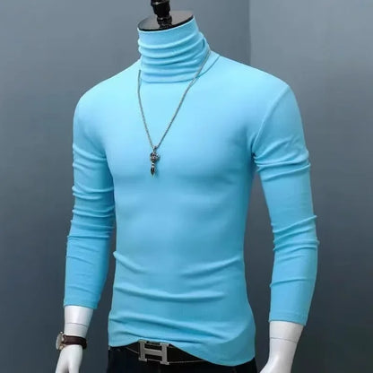 Slim Fit High Collar Long Sleeve Men's Base Shirt Inner Wear Simple Pure Color Large Size Warm Autumn Winter T-shirt Trendy Bran