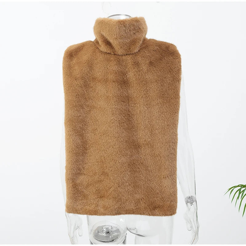 Solid Faux Fur Vest Crop Top Women Fashion Turtleneck Fluffy Short Tank Tops 2025 Winter Female Elegant Sleeveless Jacket Coat