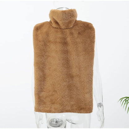Solid Faux Fur Vest Crop Top Women Fashion Turtleneck Fluffy Short Tank Tops 2025 Winter Female Elegant Sleeveless Jacket Coat