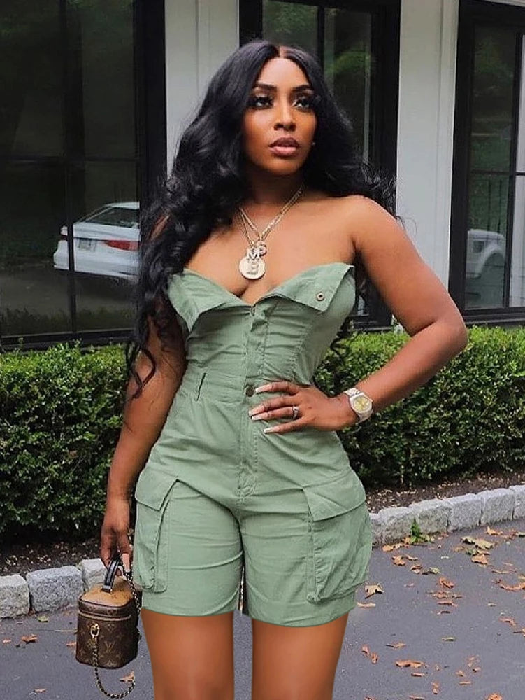 Sexy Strapless Button up Denim Romper Women Short Overalls 2025 Summer Street Casual Sleeveless Cargo Jean Jumpsuit with Pockets