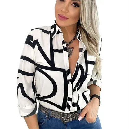 Women Geometric Print Shirt, Spring and Autumn Fashion Long-sleeved Shirts, Camisa Girls Chemise Size S M L XL XXL