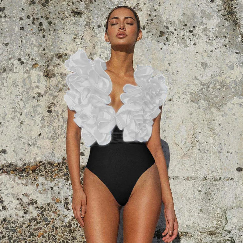 Bikini Bodysuit Swimwear Women With Skirt Bathing Suit Summer New Ruffle Splice Print Beachwear Holiday Bikini Cover Ups Outfits