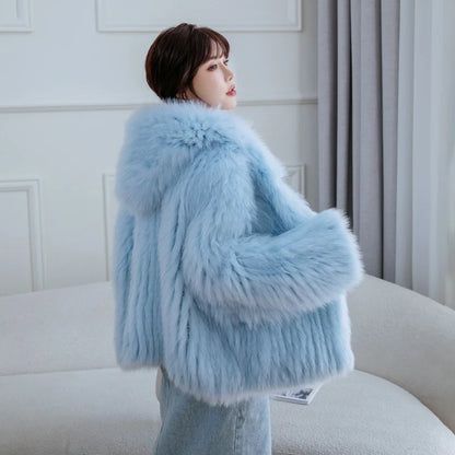 Fox Fur Coat Women's Winter Fashion Warm 100% Fox Fur Coat Hooded Long Sleeved Sweet Women's Luxury Designer Coat