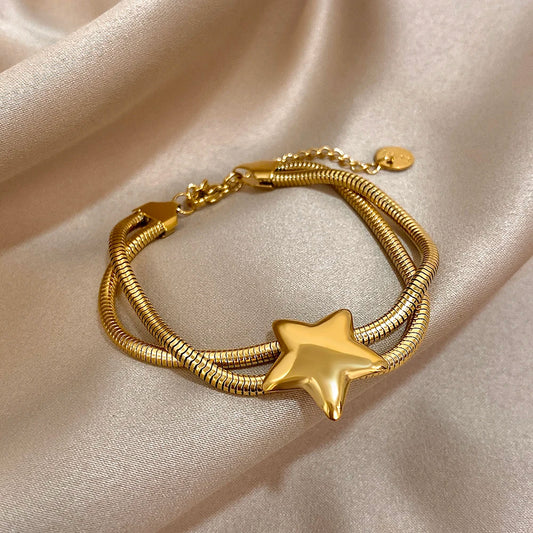 Vintage Doubelayer Stainless Steel Elastic Bracelet Glossy Star Gold Silver Color Chunky Chain Bracelets Waterproof Jewelry
