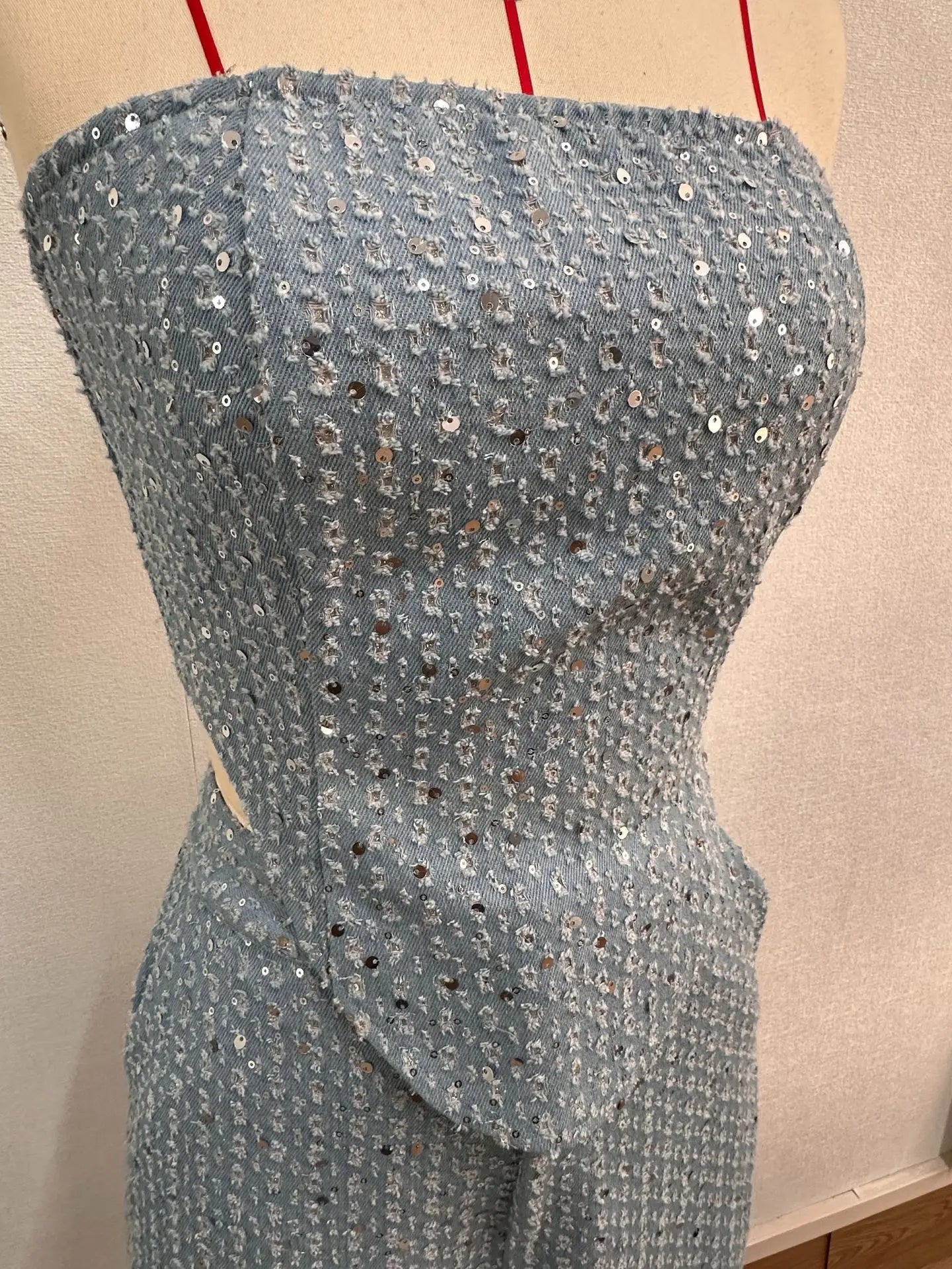 Fashion Sequins Denim Set Women Strapless Tunic Waist Crop Top and Wide Leg Pant Suit 2025 &2026 New 2 Piece Sets Outfits Tracksuit