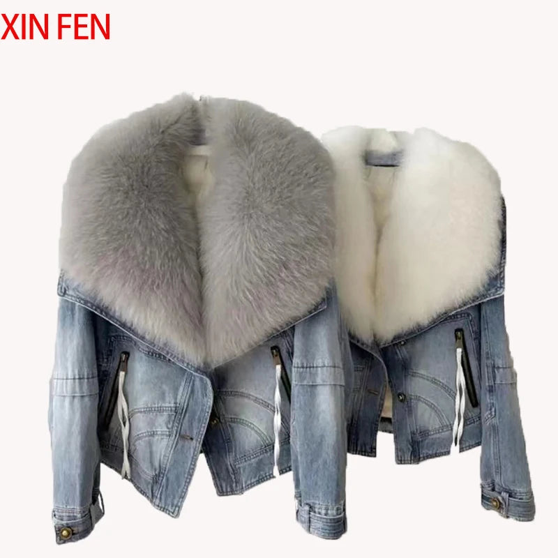 Womens Coats Spring New 100%Natural Real Fox Fur Collar Fashion Short Denim Jacket Luxury Goose Down Puffer Jackets Clothing