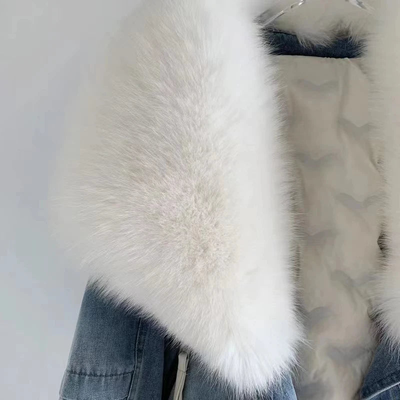 Womens Coats Spring New 100%Natural Real Fox Fur Collar Fashion Short Denim Jacket Luxury Goose Down Puffer Jackets Clothing