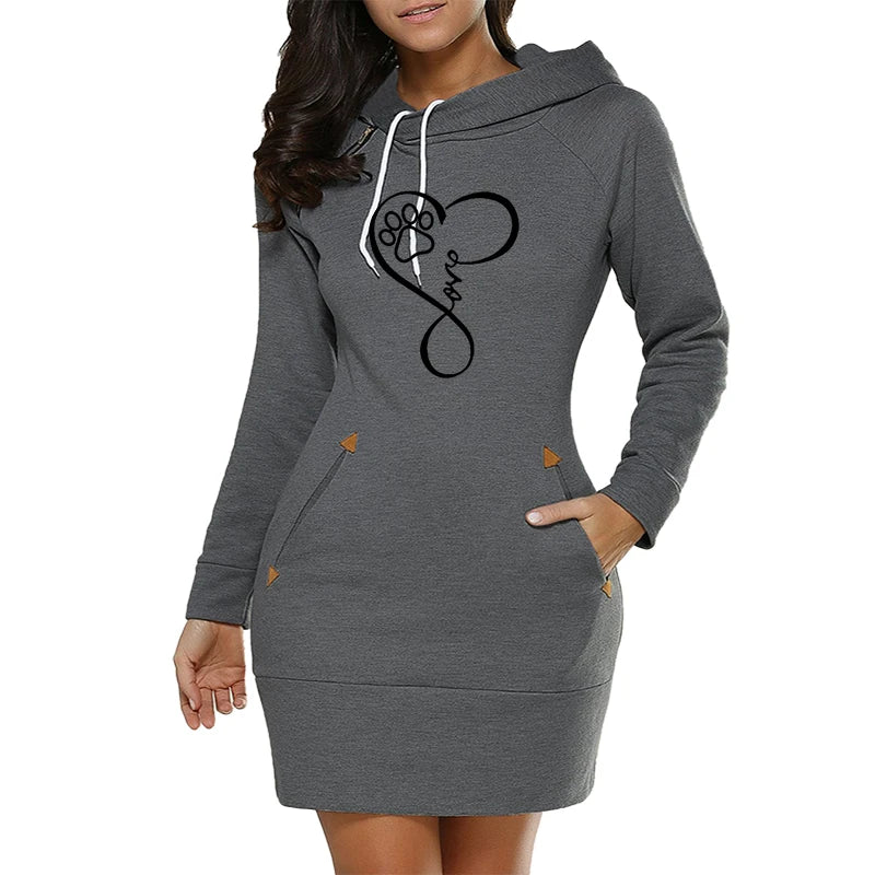 Womens Dress Neck Side Zipper Long Sleeve Hooded Sports Skirt Casual Printing Knee-Length Dress European Style Streetwear S-3XL