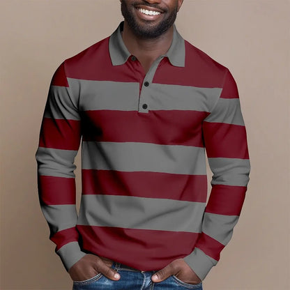 2025 Fashion Men's Stripes Long Sleeve Polo Shirt Breathable Business Casual Top Slim Fit Quick Dry Classic Collar Multi Colors