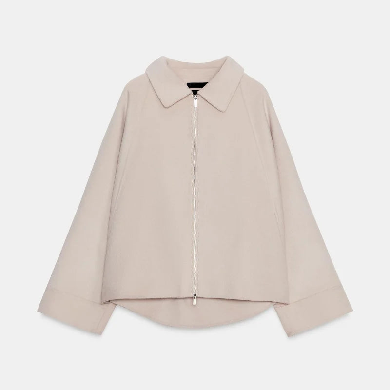 Woolen Zipper Loose Short Jacket Women Long Sleeve Lapel Solid 2025 Autumn Winter Commute Coat Street Office Warm Ladies Outwear