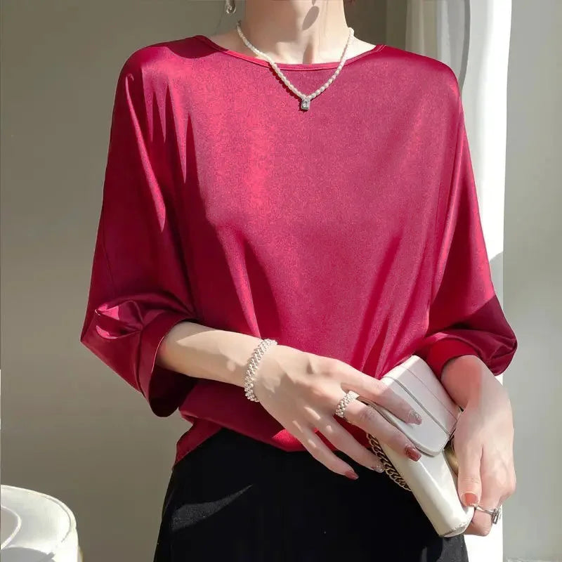 New In Summer Satin Silk Half-Sleeve Tee Tops Basic Solid Women‘s T-Shirt Casual O-neck Thin Shirts Ladies Loose Blouses