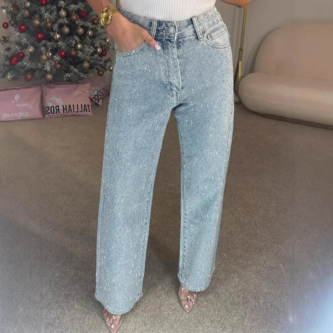 Jeans for Women Straight Diamonds Pants Stretch High Waist Washed Mom Jeans Vintage Denims Streetwear Y2k Streetwear Trousers