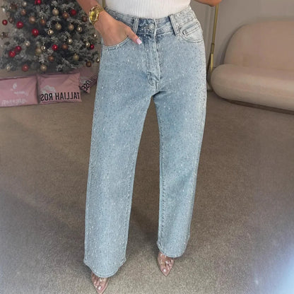 Jeans for Women Straight Diamonds Pants Stretch High Waist Washed Mom Jeans Vintage Denims Streetwear Y2k Streetwear Trousers