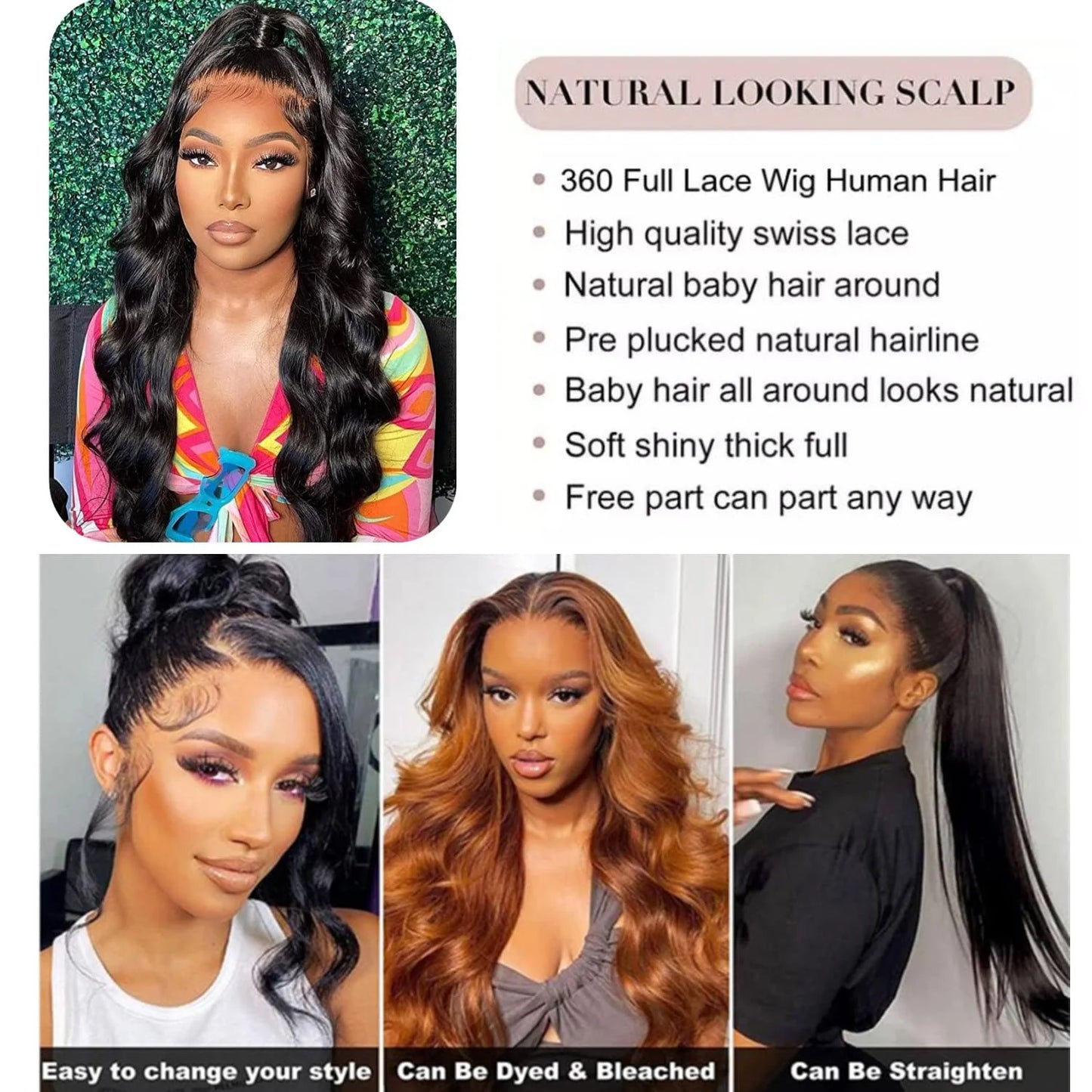 Hidden Strap Drawstring Wig 360 Lace Front Wigs Human Hair 250 Density Body Wave Frontal 360 Full Lace Human Hair Wigs for Women