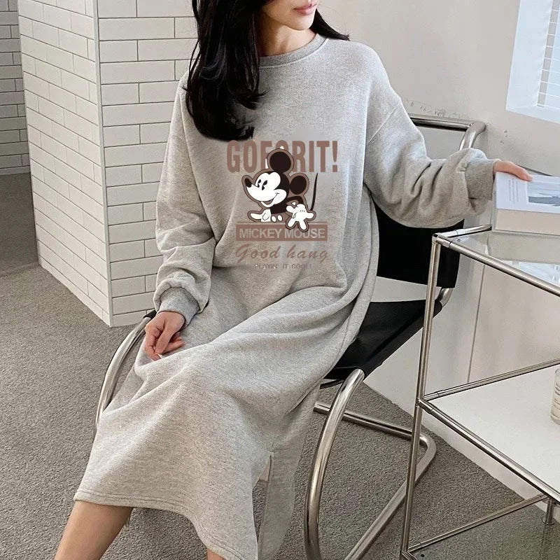 Cartoon Printing Fleece Lined Thickened Women's Sweatshirt Dress Loose Fit Idle Style Over Knee Long Straight Leg Dressin