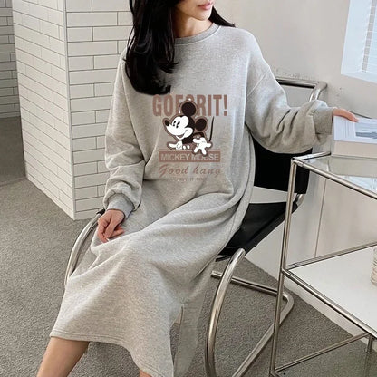 Cartoon Printing Fleece Lined Thickened Women's Sweatshirt Dress Loose Fit Idle Style Over Knee Long Straight Leg Dressin