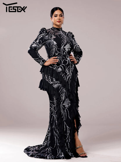 Yesexy Plus Size Elegant Beautiful Women Round Neck Long Sleeved Split Evening Gown Wedding Birthday Party Formal Occasion Dress