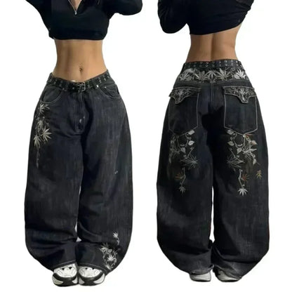 Y2K Best Selling Explosions Men and Women With Retro Embroidery Baggy Jeans Harajuku Rock Hip-Hop Casual Joker Wide Trousers