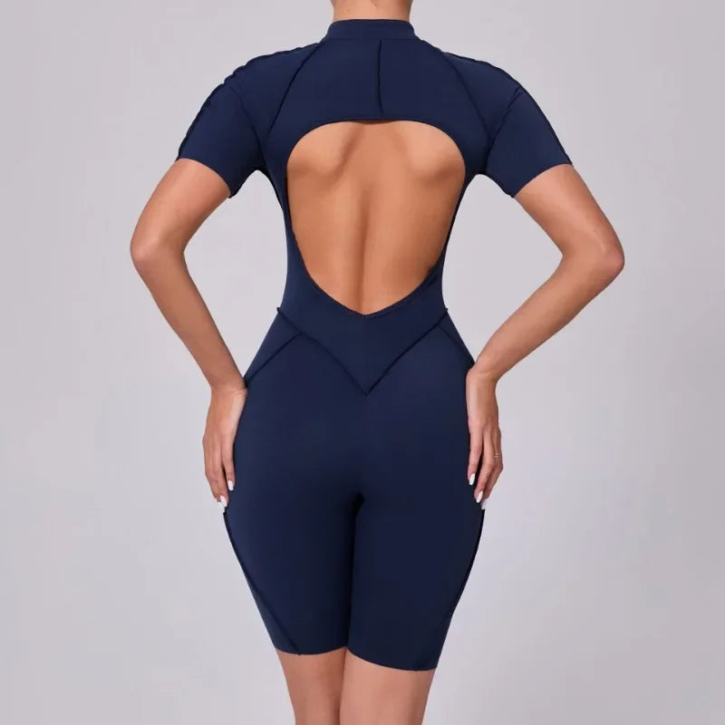 Seamless Yoga Jumpsuits Sports Fitness Zipper Hip-lifting Short-sleeved Backless Dance Workout Gym Shorts Bodysuits for Women