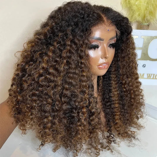 26 Inch Highlight Brown 180Density Glueless Synthetic Kinky Curly Long 13*4*1 Lace Front Wig For Women Babyhair PrePlucked Daily