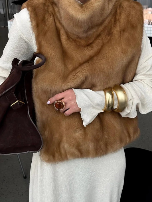 Casual Solid Faux Fur Vest Women Fashion Leisure Sleeveless High Collar Loose Waistcoat Lady Daily New Chic Highstreet Vests