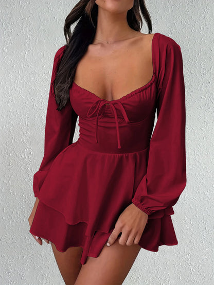 Sexy And Elegant V-neck Backless Waist Cinched Long Sleeved Dress Nightclub Party Style White Lace Up Ruffle Edge Short Skirt