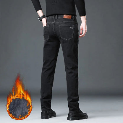 Men's Fleece Elastic Jeans Thick Warm Slim Fit Business Trousers Classic Solid Color Fashionable High-quality Trend Cozy Pants