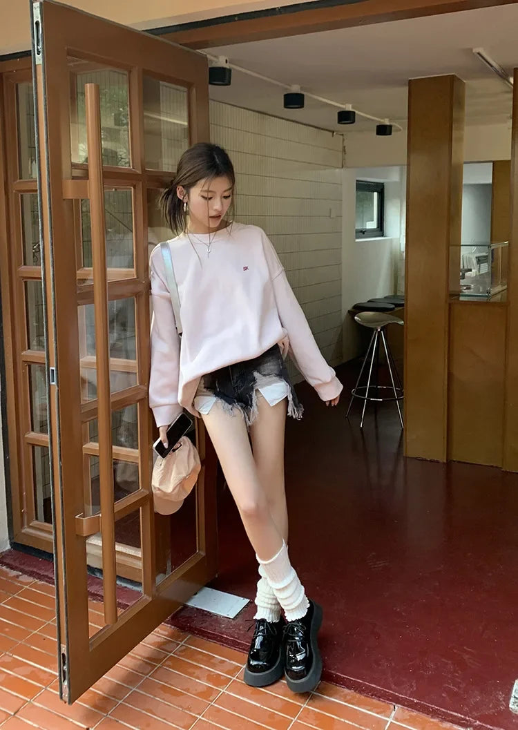 Light Pink Lettered Oversized Shoulder Sweatshirt Women's Full Sleeve round Neck Spring Autumn New Style Comfortable Casual Top