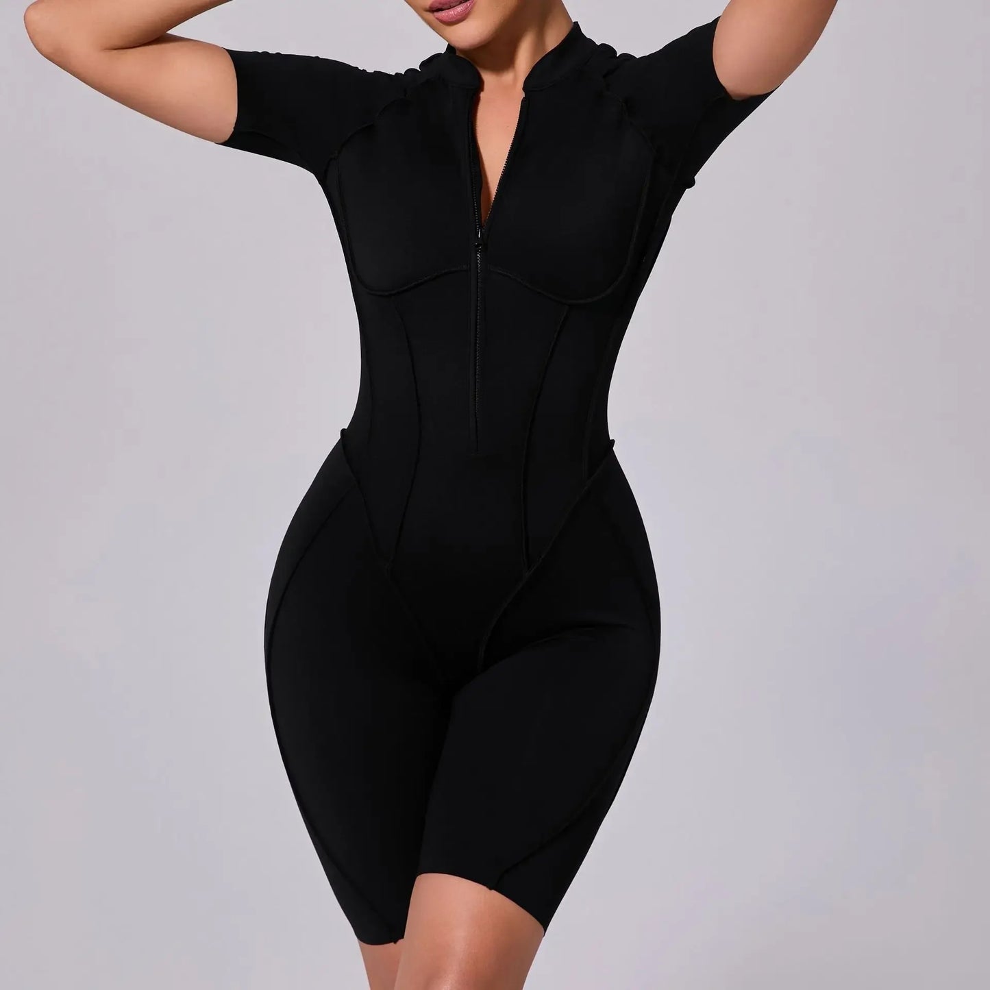Seamless Yoga Jumpsuits Sports Fitness Zipper Hip-lifting Short-sleeved Backless Dance Workout Gym Shorts Bodysuits for Women