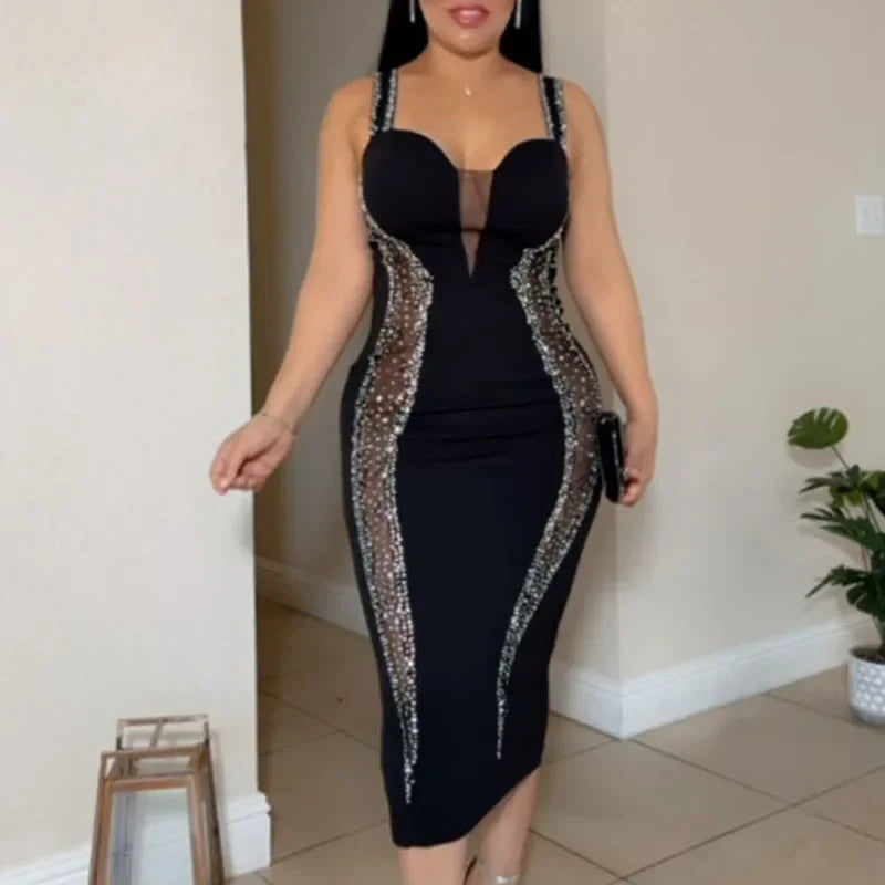 Sexy Spaghetti Strap V-neck Bandage Bodycon Dress Women Elegant Mesh Patchwork Diamonds Cocktail Party Dresses Vestidos Midi