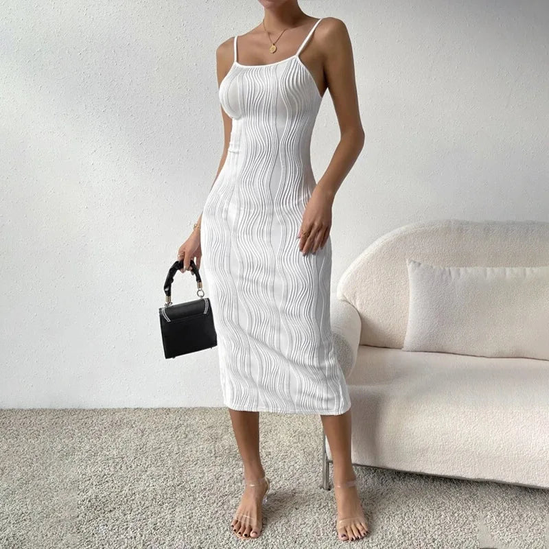 [You're My Secret]Summer Women Elegant Sexy Backless Square Collar Bodycon Club White Party Long Dress ure Color Sundress