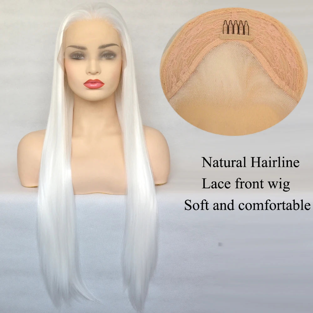 Voguequeen Platinum Blonde Synthetic Lace Front Wigs Silky Straight Heat Resistant Fiber Daily Wear For Women