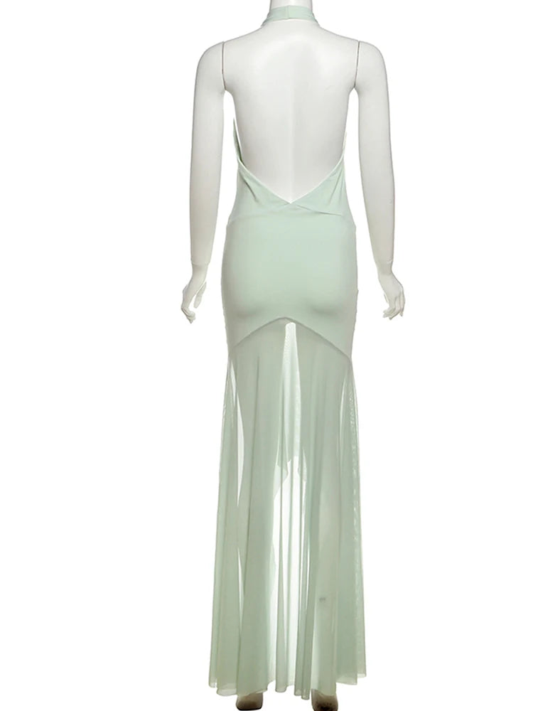 Nibber Vacation Patchwork Mesh Dress Women Halter Backless Deep V-Nec Sexy Irregular Hem Birthday Party Elegant Slim Vestidos