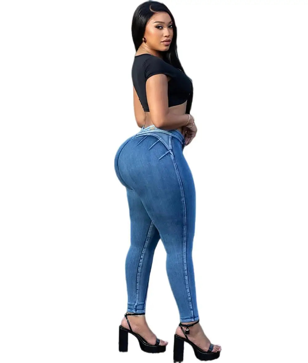 2025 & 2026 New High Waist Slim Fit Washed Blue Denim Jeans Women Stretchy Slimming Street Style Fashion Casual Long Pants